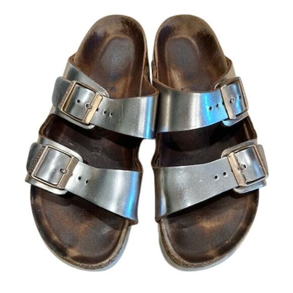 Birkenstock Arizona Sandals Metallic Silver 36 EU / 5-5.5 US  Soft Footbed, Worn - Picture 1 of 11